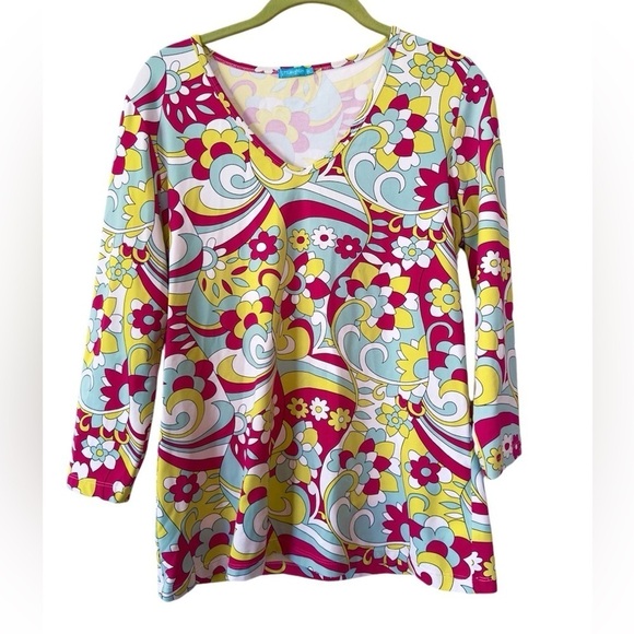 J McLaughlin Womens Catalina Cloth Top Size M Mod Floral Colorful Stretch Retro - Picture 9 of 9